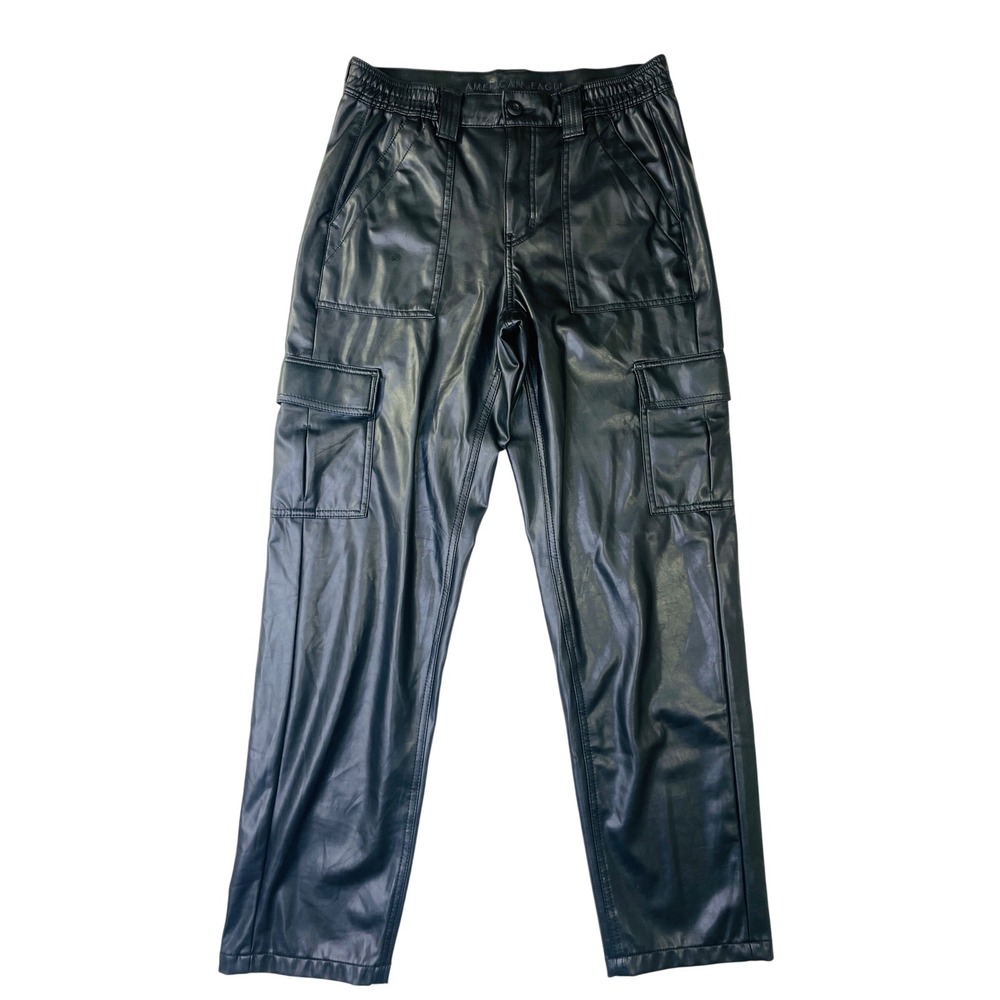 American Eagle Faux Leather Cargo Pants 8 Black High Waisted Utility Stretch